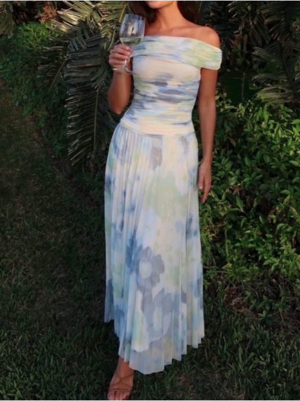 Abercrombie and Fitch Off-Shoulder Pleated Maxi Skirt in Pastel Watercolor